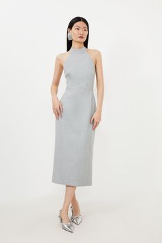 A Timeless Silhouette Is Elevated With Quality Sumptuous Wool. This Halter Neck Dress Elegantly Fits The Silhouette White A Midi Length Adds A Classic Finish. Pair With Kitten Heels For Sophisticated Workwear.Tailoredhalterneck Dresssleeveless Kitten Heels Outfit Dress, Grey Dress Formal, Heels Outfits Dress, Kitten Heels Outfit, Dress Elegantly, Fashion Apron, Halter Neck Dress, Beige Dresses, Professional Dresses