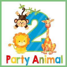 the number two with three different animals and one monkey on it's birthday card