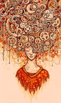 a drawing of a woman with gears on her head and hair in the shape of a brain