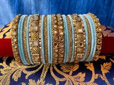 Velvet Bangles, India Culture, Mirror Work, Bangle Set, Two Hands, Royal Blue, Blue Green, Bangles, Velvet