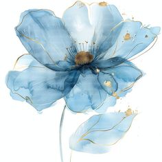 a blue flower with gold accents on it