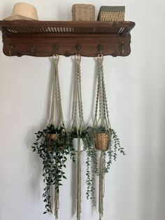 a wooden shelf with plants hanging from it's sides