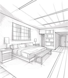 a drawing of a bedroom with a bed and dresser