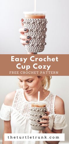 Photo shows a woman holding an iced coffee with a crochet cup cozy on it. Crochet pattern by The Turtle Trunk. Free Crochet Cozy Cup Patterns, Ice Coffee Cozy Pattern, Starbucks Cup Coozie Crochet, Crochet Coozie Coffee, Crochet Cold Cup Cozy, Quick Crochet Cup Cozy, Diy Crochet Cup Cozy, Iced Coffee Cup Cozy Crochet, Easy Cup Cozy Crochet Pattern