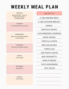 the weekly meal plan is shown in pink and white