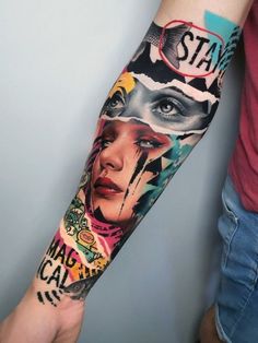 a woman's arm with tattoos on it and the words stay calm in different languages