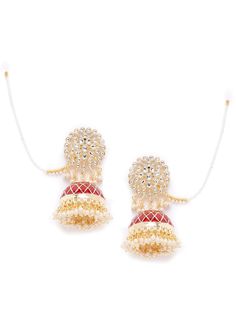 These beautiful maroon & off-white dome-shaped jhumka earrings come with kundan stone studs, beaded danglers, are gold-plated and are secured with a post and back closure. Comes with beaded detachable ear chains. These handcrafted jhumkas add just the right amount of elegance & oomph! to make those heads turn. The detachable 'chain just adds versatility! Product color may vary based on the monitor or screen you are using.See FAQ for more details. Size Length of earring: 8 cmLength of ear chain: White Latkans Earrings For Navratri, Festive Dangle Beaded Earrings With Latkans, Festive Beaded Earrings With Latkans, Festive Kundan Danglers With Dangling Beads, Kundan Danglers With Dangling Beads For Festivals, Festive Kundan Beaded Earrings With Latkans, Festival Kundan Danglers With Dangling Beads, White Drop Earrings Jhumkas For Diwali, Bollywood Kundan Jhumkas With Dangling Beads