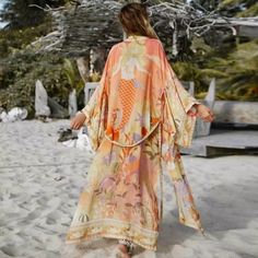 Swim | Mermaid Dreams Boho Kimono Duster Robe Coverup | Poshmark Orange Mermaid, Long Kimono Cardigan, Gilet Kimono, Moda Kimono, Belted Wrap Coat, Mode Kimono, Bohemian Kimono, Cardigan Kimono, Floral Print Kimono