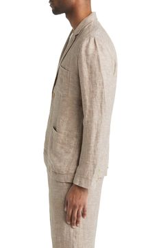 Lightweight and breathable linen twill is shaped into a timeless sport coat in an easily paired neutral hue. 28" length (size Medium) Notched lapels Exterior patch pockets; one interior pocket Unlined 100% linen Machine wash, tumble dry Imported Timeless Linen Outerwear With Pockets, Classic Linen Blazer With Patch Pockets, Classic Linen Blazer With Pockets, Timeless Linen Outerwear With Welt Pockets, Classic Linen Sport Coat For Work, Timeless Long Sleeve Linen Blazer, Timeless Linen Sport Coat With Notch Lapel, Timeless Linen Sport Coat With Lapel Collar, Tailored Linen Sport Coat With Pockets