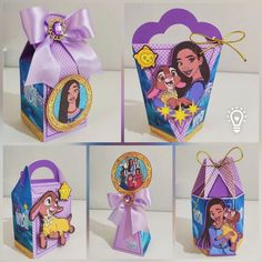 there are four pictures of the inside of this gift box with princesses on it