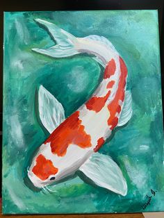 an acrylic painting of a koi fish swimming in the water with green background