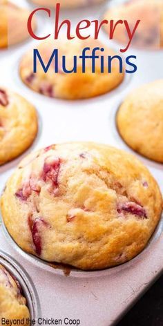 there is a muffin in the pan with strawberries on it and text that reads cherry muffins