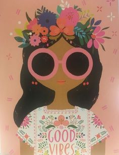 a paper cutout of a woman with sunglasses and flowers on her head is shown in front of a pink background