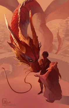 a red dragon sitting next to a man on top of a desert covered with sand