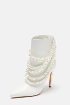 Available In Off White. 4'' Stiletto Bootie Pearl Embellishent Pointed Toe Back Zipper Closure Faux Patent Leather Imported | Gina Pearl Stiletto Bootie in Off White size 11 by Fashion Nova Winter Wedding Boots For Bride, Modern Wedding Shoes, Winter Wedding Boots, White Heel Boots, Bride Boots, Pearl Boots, Off White Fashion, Fashion Shoes Heels, Girls Heels