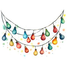 christmas lights are hanging on a string with watercolor paint splashes around the strings