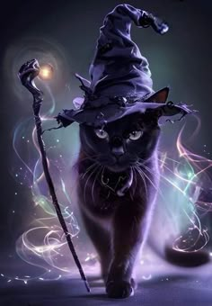 a black cat wearing a witches hat and holding a wand