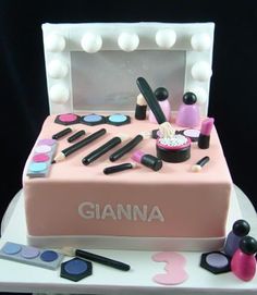 Make up themed Birthday cake Makeup Birthday Cake Ideas, Birthday Cake Makeup Theme, Make Up Birthday Cake Girls Kids, Make Up Cakes Birthdays Girly, Makeup Cake Design, Birthday Cake Makeup, Makeup Theme Cake, Makeup Birthday Cake