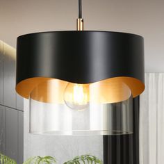 a black and gold light hanging from a ceiling fixture in a living room with potted plants