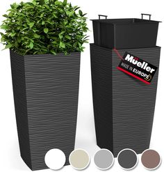 two tall planters with plants in them next to each other and four different colors