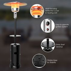 In your spare time, it is a pleasure to enjoy leisure time in the patio with your friends or family. But you often worry about getting cold outside when the temperature drops. Try to use the metal patio heater to solve this problem! It has ultra-efficient performance which has a wide range of heating areas. The bottom of the heater can be filled with sand or water to increase weight and stability. When the heater tilts, the valve of the gas cylinder will automatically close to ensure safe use. The gas cylinder can be easily put into the cylinder housing because of the open-door design. What's more, it's easy to assemble with instruction manual and accessories. With the smooth wheels, it's convenient for you to transport the heater and you can enjoy the best time with your loved ones all ye Portable Propane Heater, Drink Shelf, Massage Office Chair, Porch Parties, Propane Cylinder, Gas Patio Heater, Propane Patio Heater, Propane Heater, Electric Standing Desk