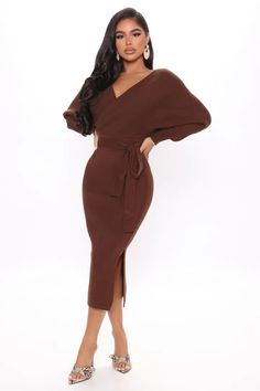 Women's Dresses | Fashion Dresses For Women | Fashion Nova Dusty Blue Sweater, Brown Dresses Outfit, Chocolate Dresses, Mauve Dresses, Chocolate Dress, Sweater Midi Dress, Metallic Mini Dresses, Dress Classy, Dress Dusty