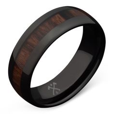 black ceramic ring with wooden inlays and an x engraved on the side, made to order