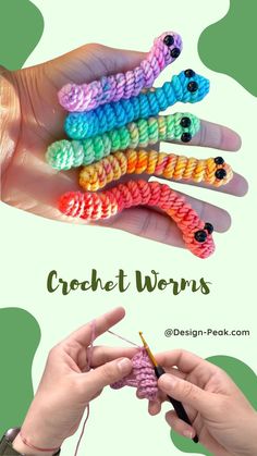 the crochet worms are all different colors and sizes