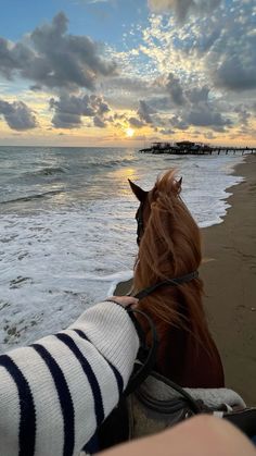 a horse that is standing in the sand near the ocean and water with clouds above it