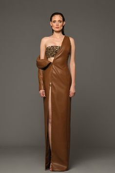 Brown leather dress with crystal cropped top and deconstructured sleeve - HerTrove Fall Evening Dress With Structured Boning, Luxury Fitted Evening Dress With Draped Sleeves, Luxury Fitted Dresses With Draped Sleeves, Luxury Dresses For Fashion Events, Luxury Leather Dresses For Formal Occasions, Luxury Leather Dress For Night Out, Luxury Brown Party Dress, Chic Leather Evening Dresses, R Design