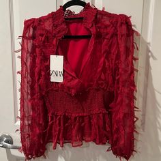 Beautiful Red Blouse From Zara Size Xs Nwt Partially Sheer In The Back Chic Red Blouse For Fall, Burgundy Blouse For Spring Party, Chic Red Zara Blouse, Elegant Red Zara Tops, Red Ruffled Tops For Evening, Zara Red Blouse For Spring, Red Zara Blouse For Spring, Red Evening Blouse For Spring, Zara Sleeveless Top