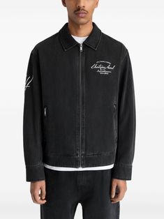 black cotton washed denim embroidered design front zip fastening branded zip puller two side zip-fastening pockets long sleeves buttoned cuffs straight hem Zip Puller, Axel Arigato, Men's Outerwear, Embroidered Jacket, Mens Outerwear, Embroidered Design, Men's Collection, Denim Wash, Black Cotton