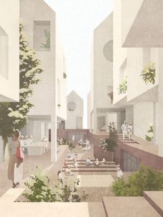 an artist's rendering of a courtyard with people walking around and trees in the foreground