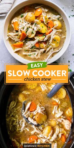 The BEST Slow Cooker Chicken Stew! This easy recipe is made with chicken breasts, potatoes and carrots and cooked in the crockpot until it's thick and flavorful. Perfect make ahead meal for busy weeknights!