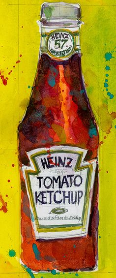 a painting of a bottle of ketchup on a yellow and green background with the words heinzz tomato ketchup