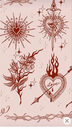 some tattoos that are on the back of a pink sheet with stars and hearts in them