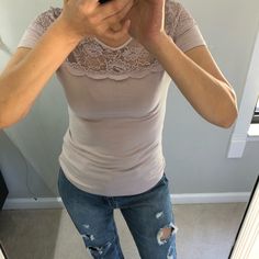 Brand New With Tag. You Can Cut Out Make Your Cropped Top Armpit To Armpit 16" Shoulder 13.5" Waist 15" Length 24" Fitted Lace Top T-shirt For Spring, Fitted Short Sleeve Lace Top T-shirt, Fitted Lace Top T-shirt With Crew Neck, Fitted Crew Neck Lace Top, Fitted Cotton Lace Top With Short Sleeves, Casual Stretch Tops With Lace Trim, Fitted Lace Top T-shirt With Short Sleeves, Fitted Lace Top Crew Neck T-shirt, Fitted Lace Top Short Sleeve T-shirt