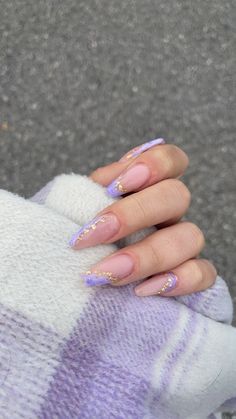 Simple Short Acrylic Nails Purple, Purple And Gold Nail Designs Acrylic, Elegant Nails Classy Simple Short, Light Purple French Tip Nails Coffin, March Nails Spring Almond, Repunzal Tangled Inspired Nails, Real Nail Ideas, Classy Acrylic Nail Ideas, Pink And Purple Nails Acrylic