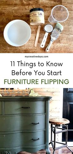 an old dresser has been painted green and is being used as a furniture flipping unit