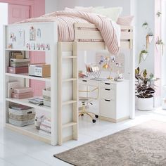 a white bunk bed sitting in a bedroom next to a rug and window with pink curtains