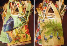 two bags with different designs on them, one has a blue butterfly and the other has a palm tree