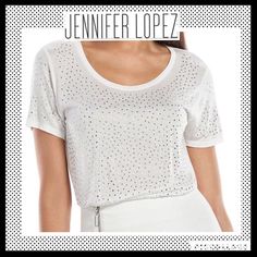 JENNIFER LOPEZ Embellished Tee JENNIFER LOPEZ Embellished Tee. NWOT. Jennifer Lopez Tops Tees - Short Sleeve Embellished T-shirt For Night Out, White Embellished Crew Neck Top, Spring Embellished Crew Neck T-shirt, Embellished Crew Neck T-shirt For Spring, Spring Fitted Embellished T-shirt, Spring Embellished Short Sleeve Tops, Embellished Short Sleeve Tops For Spring, White Sequined T-shirt For Spring, Casual Rhinestone Tops For Spring