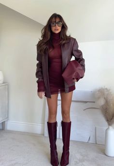 Dressy Casual Dinner Outfits Night, Holiday Leather Skirt Outfit, Going Out Dinner Outfits Winter, Winter 2024 Going Out Outfits, Holiday Outfits With Boots, Toronto Night Out Outfit, Black Patent Leather Boots Outfit, Mayfair Club Outfit, Vegas In The Winter Outfits