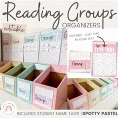 several different types of storage boxes with labels on them and the words reading groups organized