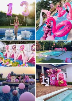 pink flamingo themed pool party with balloons and decorations for the pool, including an inflatable number