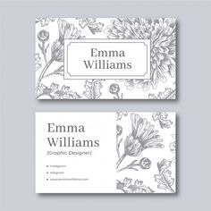 two business cards with flowers and leaves on the front, one is black and white