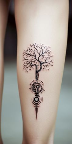 A tattoo design depicting a tree made entirely of gears, symbolizing the fusion of nature and industry. Bonsai Tattoo, Unique Animal Tattoos, Octopus Tattoo Sleeve, Symbols Of Strength Tattoos, Shooting Star Tattoo, Gear Tattoo, Majestic Tree, Music Tattoo Designs