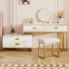 a dressing table with stool and mirror in a room