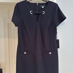 Nwt Tommy Hilfiger Short Sleeve Navy Blue Dress With Gold Accents And Hidden Back Zipper. Elegant Tommy Hilfiger Dresses For Workwear, Chic Tommy Hilfiger Dresses For Work, Elegant Fitted Midi Dress By Tommy Hilfiger, Chic Tommy Hilfiger Mini Dress For Work, Elegant Fitted Tommy Hilfiger Midi Dress, Cheap Blue Tommy Hilfiger Dresses, Affordable Blue Tommy Hilfiger Dresses, Tommy Hilfiger Blue Short Sleeve Tops, Tommy Hilfiger Knee-length Workwear Dress