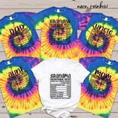 "Funny Family Matching Tie Dye Shirts,Family Nutritional Facts Shirts,Funny Mom Dad Aunt Uncle Grandma Grandpa Shirt,Family Reunion Tshirt Every shirt is unique. However; Tie-Dye shirts are always timeless. So, you are in the right place to add some color to your life. As a 'ColorMix Shirt' team, we prepare all Tie-Dye shirts for you to wear from parties to daily lives. HOW TO ORDER: 1-) Please, check and review all photos and videos. 2-) Choose your product style and color. 3-) See the size cha Funny Multicolor Pre-shrunk T-shirt, Matching Custom Print T-shirt For Family Events, Cotton Graphic T-shirt For Family Outings, Graphic Print Short Sleeve Shirt For Family Gatherings, Funny Cotton T-shirt For Family, Fun Short Sleeve T-shirt For Family Reunion, Fun Custom Print T-shirt For Family Reunion, Fun Family T-shirt With Funny Text, Funny Family Cotton T-shirt